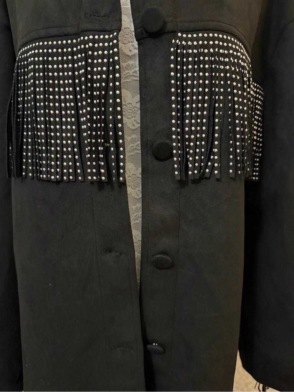 Sweet Rain Soft Black Studded Fringe Button-Up Jacket